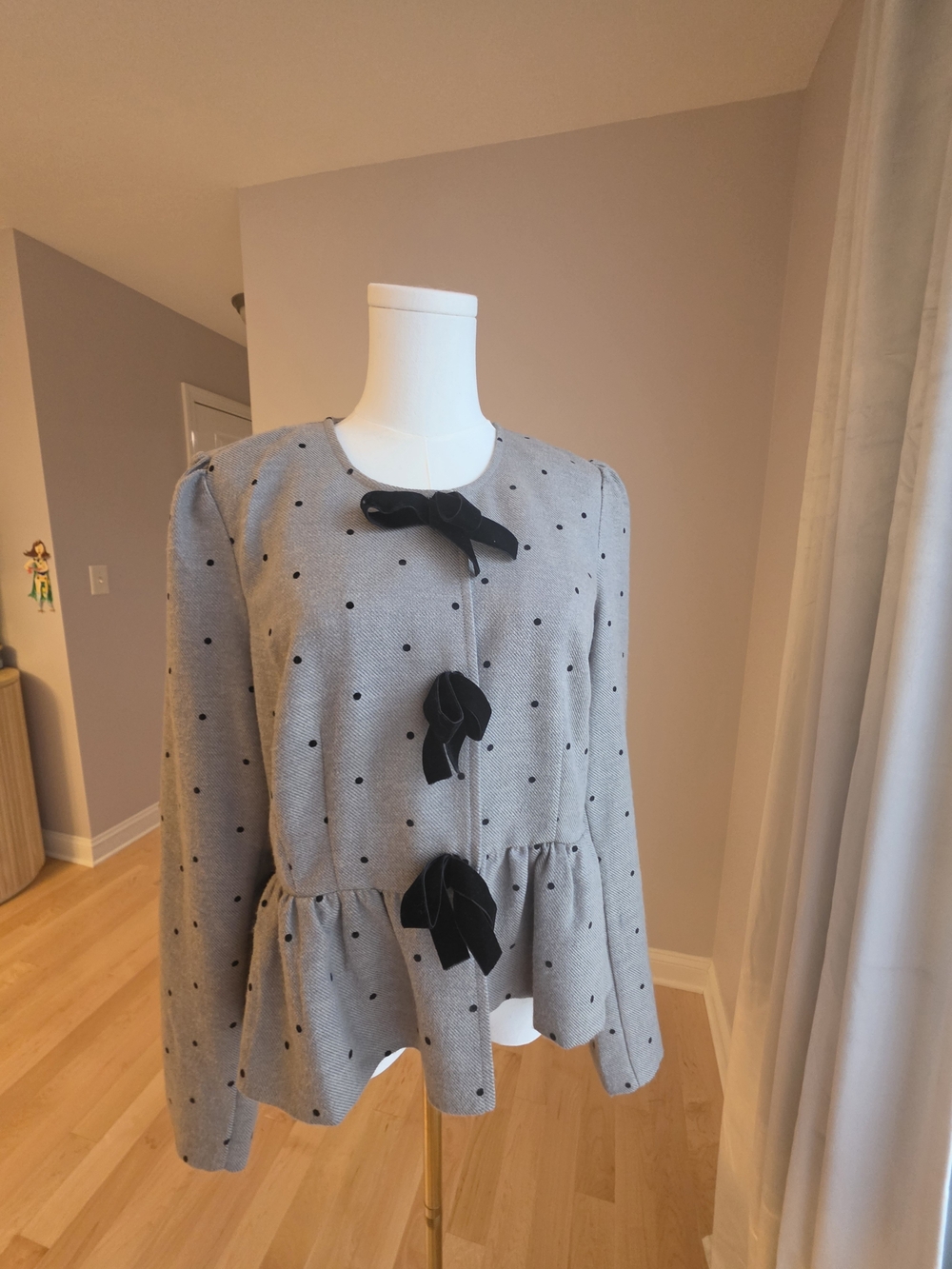 Maeve Women’s Grey Polka Dot Peplum Jacket with Black Bow Accents